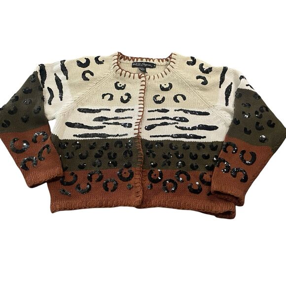 Work in Progress Cardigan Sweater XL Animal Print Sequins Colorful Art-to-Wear - Picture 1 of 8
